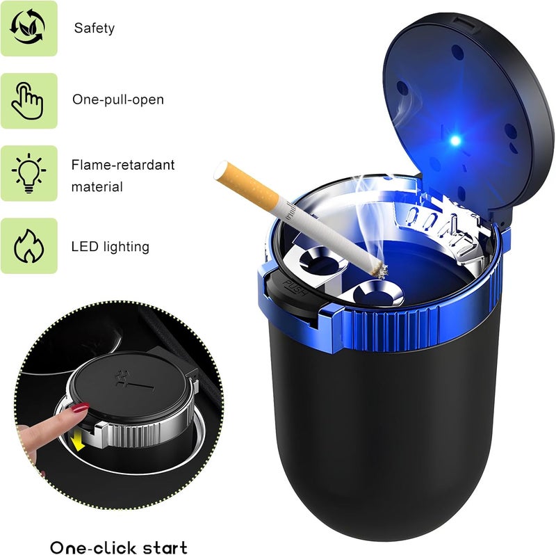 MUQIDA Car Ashtray with Lid, Auto Portable Stainless Steel Smokeless Ash Tray with LED Light, Detachable Windproof Ashtray Mini Trash Can for Most Car Cup Holder Home Office (Blue) - Image 3